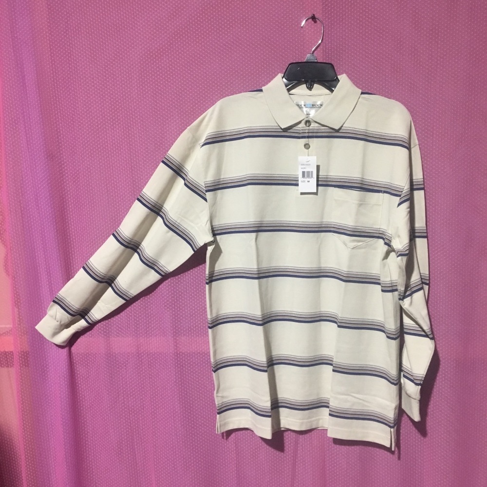 Men’s long sleeve polo style shirt beige w/stripes